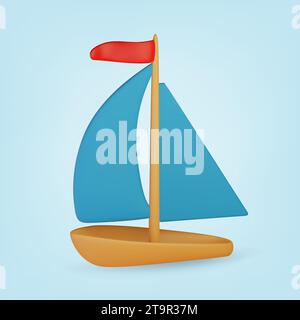 bateau jouet 3d. Rendu réaliste sur fond bleu. Illustration vectorielle. Illustration de Vecteur