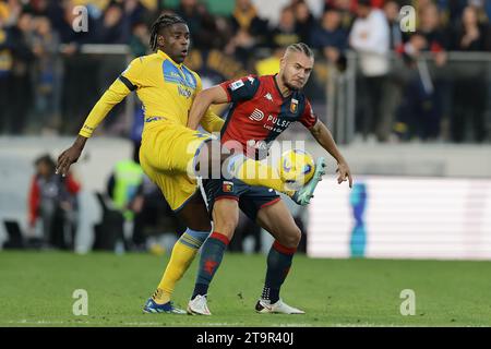 L'attaquant roumain de Gênes George Puscas défie le défenseur nigérian de Frosinone, Caleb Okoli, lors du match de football Serie A entre Frosinone Calcio et Gênes au stade Benito Stirpe de Frosinone, en Italie, le 26 novembre 2023. Banque D'Images