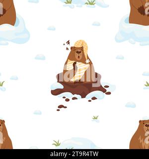 Modèle sans couture avec marmotte. Marmotte de sommeil avec oreiller et rongeur triste dans le trou de neige sur fond blanc. Illustration vectorielle. Design de vacances, de Illustration de Vecteur