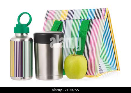 Thermos bouteille sport, bouteille de cantine et Lunchbox sac à lunch thermo objet isolé sur fond blanc Banque D'Images