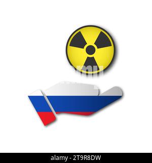 Une main peinte aux couleurs du drapeau de la Fédération de Russie avec un symbole radioactif. La notion de danger de guerre nucléaire. Vecteur plat il Illustration de Vecteur