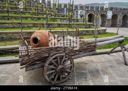 Alter Karren mit einem Quevri, Kwewri, Weinberg der Burganlage Rabati, Schloss von Achalziche, Akhaltsikhe, Samzche-Dschawachetien, Georgien Banque D'Images