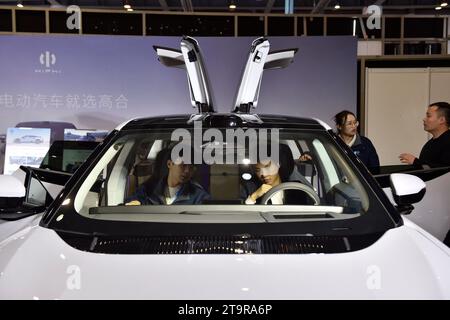 Hangzhou, province chinoise du Zhejiang. 24 novembre 2023. Les visiteurs découvrent une voiture électrique à la deuxième exposition mondiale du commerce numérique à Hangzhou, dans la province du Zhejiang, dans l'est de la Chine, le 24 novembre 2023. Crédit : Liu Lingyi/Xinhua/Alamy Live News Banque D'Images