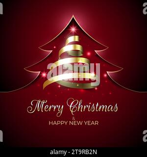 Joyeux noël et bonne année carte de voeux. Sapin de noël à ruban doré brillant. Design du nouvel an pour invitation, carte de voeux, calendrier. Brillant g Illustration de Vecteur
