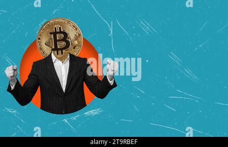 Taux de change, cotations boursières et affaires. Homme en costume noir avec signe bitcoin au lieu de la tête. Collage d'art moderne Banque D'Images
