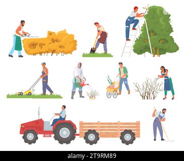 Personnage de dessin animé ouvrier agricole dans un ensemble isolé de jardin Illustration de Vecteur