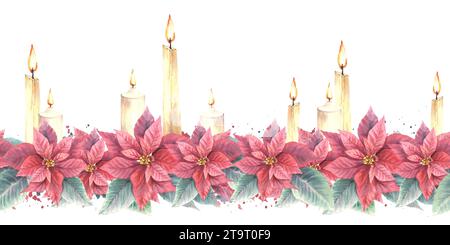 Bordure sans couture peinte à l'aquarelle, motif de fleurs et de feuilles rouges de Poinsettia avec des bougies flamboyantes, des éclaboussures. Illustration pour Noël, nouvel an Banque D'Images