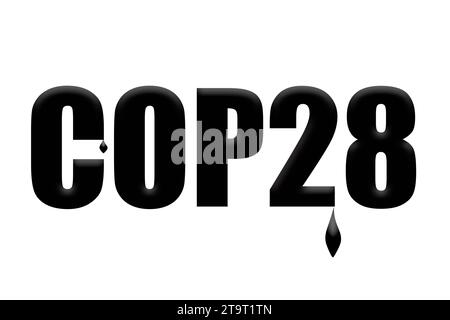 2023 Conférence des Nations Unies sur les changements climatiques ou Conférence des Parties à la CCNUCC alias COP28. COP28 avec des gouttelettes d'huile qui s'égouttent. La conférence COP28 débute le 30 novembre à Dubaï. L'événement a été accusé d'un exercice de greenwashing et il a été révélé que les délégués pourraient utiliser l'événement pour conclure des transactions pétrolières. combustibles fossiles, Banque D'Images