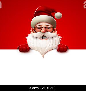 Joyeux Père Noël souriant debout derrière un signe vide. Bannière de Noël et du nouvel an. Illustration vectorielle. Illustration de Vecteur