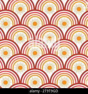 Arcs-en-ciel art déco abstraits en motif sans couture rouge, orange et jaune avec soleil jaune abstrait. Pour la décoration intérieure, le papier peint et le textile Banque D'Images