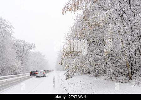 Starke Schneefälle im Taunus BEI starken Schneefällen kommt es auf der Bundesstraße 456 am Saalburgpass zu erheblichen Behinderungen im Straßenverkehr. für die Höhenlagen des Taunus gilt eine Unwetterwarnung vor starkem Schneefall. ACHTUNG : Kennzeichen wurden verpixelt., Bad Homburg Hessen Deutschland *** fortes chutes de neige dans le Taunus en cas de fortes chutes de neige, il y a des obstacles considérables à la circulation routière sur la route fédérale 456 au col de Saalburg Un avertissement de conditions météorologiques extrêmes pour les fortes chutes de neige s'applique aux hautes altitudes du Taunus ATTENTION les plaques d'immatriculation ont été pixelisées Banque D'Images