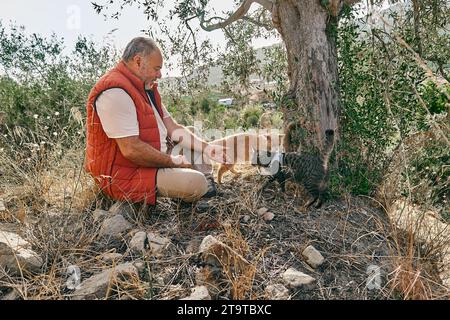 Homme mûr aux cheveux gris passant du temps à l'extérieur avec son chat tabby dans la nature montagnarde. Banque D'Images