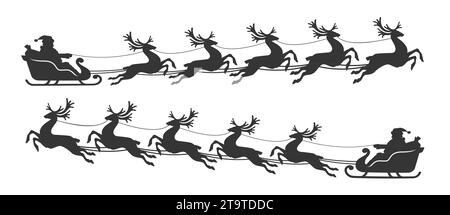 Silhouette du Père Noël dans un traîneau plein de cadeaux avec des rennes volants. Joyeux Noël et bonne décoration du nouvel an Banque D'Images