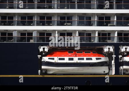 Bateau de sauvetage et balcons des cabines avec vue sur la mer du navire de croisière MSC Explora 1 ou du Cruiser de luxe amarré sur le front de mer, le port ou le Pier Head Liverpool Royaume-Uni Banque D'Images