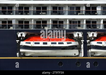 Bateau de sauvetage et balcons des cabines avec vue sur la mer du navire de croisière MSC Explora 1 ou du Cruiser de luxe amarré sur le front de mer, le port ou le Pier Head Liverpool Royaume-Uni Banque D'Images