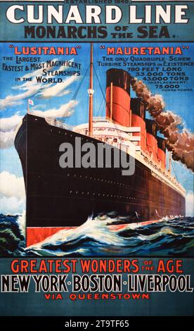 Publicité vintage, publicité, publicité ou affiche pour les navires à vapeur Cunard Line RMS Lusitania (1906-15) & RMS Mauretania (1906-34)1907 Banque D'Images