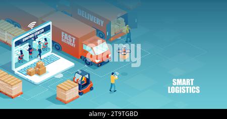 Vecteur isométrique d'un centre de distribution logistique avec des travailleurs chargeant des produits sur les camions et des logisticiens supervisent les achats, le transport, Illustration de Vecteur