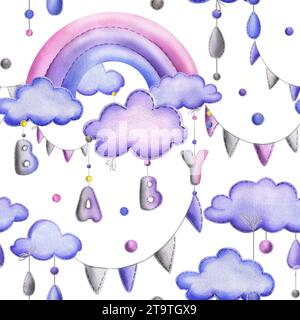 A stitched rainbow with clouds and letters BABY, garland flags, dots hanging from ropes in blue, purple and pink. Cute hand drawn watercolor Banque D'Images
