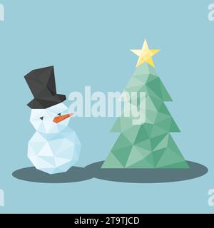 Bonhomme de neige polygone avec icône d'arbre de Noël Illustration de Vecteur