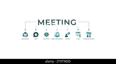 Bannière de réunion illustration de vecteur d'icône Web pour réunion d'affaires et discussion avec des sujets de communication solutions plan informer et vidéoconférence Illustration de Vecteur