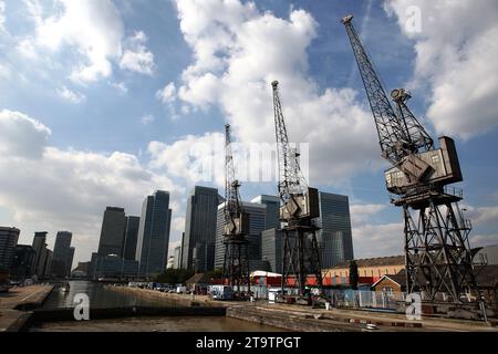 Vue générale des grues South Dock avec Canary Wharf en arrière-plan à Londres, Angleterre. Banque D'Images