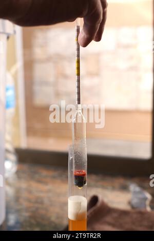 Mesure de la teneur en alcool avec un hydromètre dans un tube en verre de bière. Banque D'Images