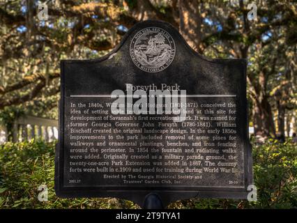 Plaque d'information Forsyth Park à Savannah, Géorgie Banque D'Images