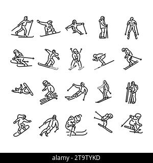 Jeu d'icônes de ligne noire de sport de ski. Ski en hiver. Pictogrammes pour page web, application mobile, promo. Illustration de Vecteur