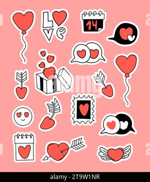 Autocollants d'amour de collection. Coeur, symboles d'amour, valentines, cadeau, ballon. Éléments romantiques isolés Vector pour un design festif pour la Saint-Valentin Illustration de Vecteur