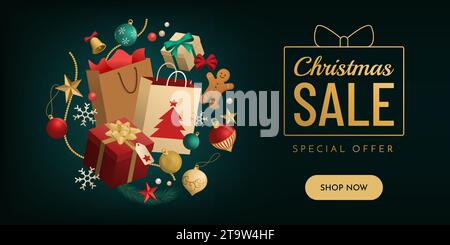 Bannière promotionnelle de vente de Noël avec cadeaux et sacs à provisions, espace de copie Illustration de Vecteur
