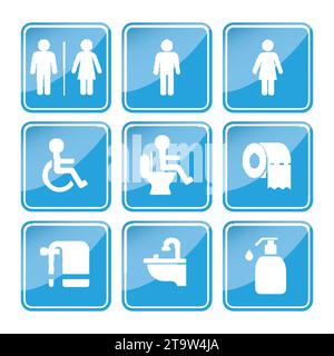 Panneaux de toilette, jeu d'icônes de symboles de toilette vectoriels, pictogramme de WC. Noir sur fond blanc Illustration de Vecteur