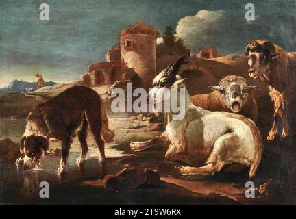 Un chien, une chèvre et deux moutons vers 1690 par Philipp Peter Roos Banque D'Images