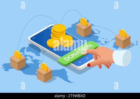 Les personnages de personnes isométriques donnent de l'argent pour la charité en ligne. Chaque pièce de monnaie donnée aide à l'humanitarisme. Les services de dons en ligne offrent un appartement et Illustration de Vecteur