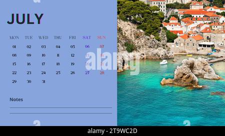 Calendrier Seaboard 2024 pour le mois de juillet Monténégro Croatie Banque D'Images