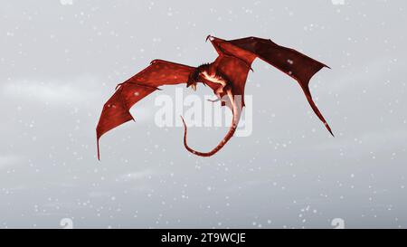 Dragon rouge attaquant dans la neige Banque D'Images