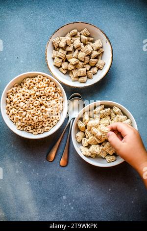 Ensemble de diverses céréales savoureuses pour le petit déjeuner sur la table gris clair, vue de dessus plat Banque D'Images