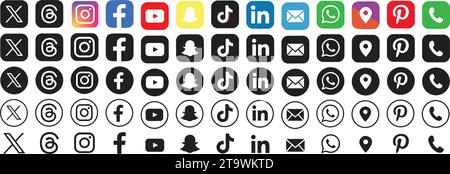 Ensemble de Facebook, threads, X, twitter, Instagram, YouTube, snapchat, Pinterest, WhatsApp, LinkedIn, tiktok, Email, appel téléphonique et application de localisation Colletti Illustration de Vecteur