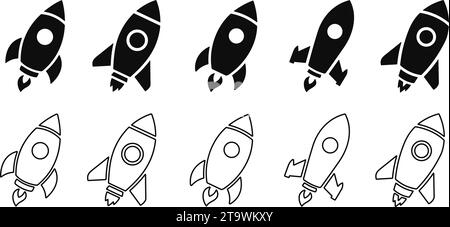 Jeu d'icônes de fusée de vaisseau spatial. Collection d'icônes de lancement de vaisseau spatial. Concept de lancement de fusée. Lancement de fusée spatiale avec feu. Rocket simple icône plate et Illustration de Vecteur