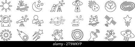 Icônes d'astronomie. Jeu d'icônes d'espace. Télescope, astronaute, observatoire, cosmonaute, station, satellite, planètes, soleil, étoiles, fusée, vaisseau spatial. Vecto de ligne Illustration de Vecteur