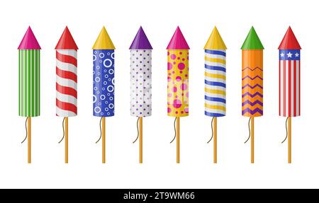 Ensemble de roquettes de feu d'artifice isolé sur fond blanc. Collecte de pétard pour la fête. Ensemble pyrotechnique d'icônes colorées. Illustration vectorielle. Illustration de Vecteur