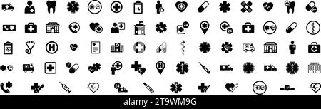 Jeu d'icônes plates de médecine et de santé. Icône du signe médical de collecte de soins de santé. check up, médecin, dentisterie, pharmacie, laboratoire, découverte scientifique, Hospit Illustration de Vecteur