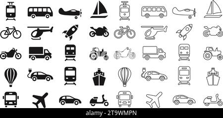 Ensemble d'icônes de transport ou de transport. Contenant voiture, vélo, avion, train, vélo, moto, bus et scooter, tracteur et véhicule électrique, navire ou F Illustration de Vecteur