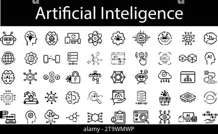 Icônes Intelligence artificielle et machine Learning. Série Monoline. jeu d'icônes vectorielles de ligne fine. Pixel parfait. Contour modifiable. L'ensemble contient les affiches R. Illustration de Vecteur