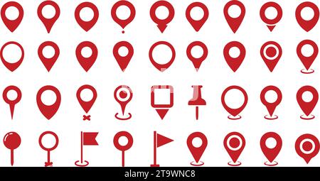 Icônes rouges d'épingles de carte de localisation définies. Collection moderne de marqueurs de carte. Point précis. Icône de l'épingle d'emplacement. Marqueur de position de broche de carte. Icône de pointeur de marqueur de carte. Localisation GPS Illustration de Vecteur