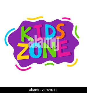 Logo coloré de dessin animé Kids zone isolé sur fond blanc. Lettres multicolores lumineuses à la salle de jeux des enfants ou à la décoration de la zone. Inscription de bébé Illustration de Vecteur