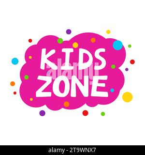 Logo coloré de dessin animé Kids zone isolé sur fond blanc. Lettres multicolores lumineuses à la salle de jeux des enfants ou à la décoration de la zone. Inscription de bébé Illustration de Vecteur