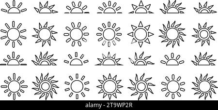 Jeu de symboles vectoriels d'icônes de soleil. Collection d'icônes d'étoiles de soleils de ligne. Été, lumière du soleil, nature, coucher et lever du soleil du ciel, demi-soleil Illustration de Vecteur