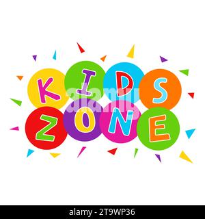 Logo coloré de dessin animé Kids zone isolé sur fond blanc. Lettres multicolores lumineuses à la salle de jeux des enfants ou à la décoration de la zone. Inscription de bébé Illustration de Vecteur