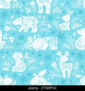 Motif sans couture vectoriel. Silhouettes ornées blanches d'animaux forestiers cerfs, ours, wapitis, renard, lièvre, écureuil, hérisson parmi les fleurs sur un fond bleu Illustration de Vecteur