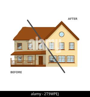 Maison cassée et réparée. Accueil avant et après réparation. Bâtiment de rénovation. Vieux abandonné délabré et nouveau chalet de banlieue Illustration de Vecteur